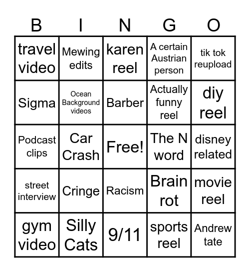 Instagram reel bingo Card