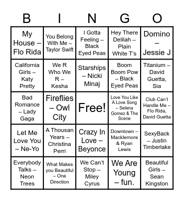 2000s Pop Bingo Card