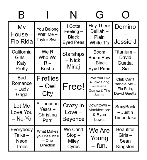 2000s Pop Bingo Card