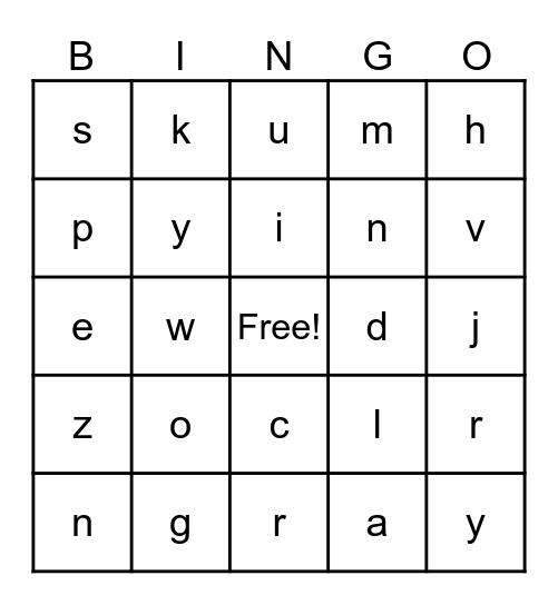 Letters Bingo Card