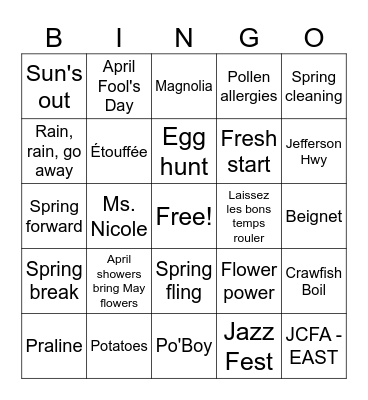 JCFA - EAST'S "EGG"TASTIC Bingo Card