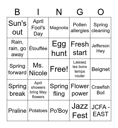 JCFA - EAST'S "EGG"TASTIC Bingo Card