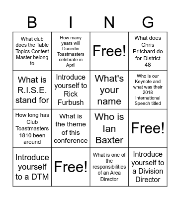 First Timers Activity Bingo Card