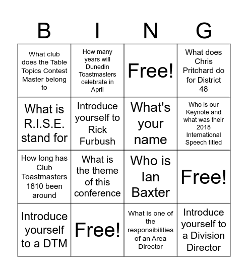 First Timers Activity Bingo Card
