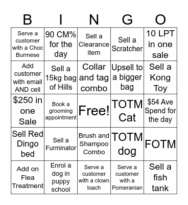 PETstock Bingo Card