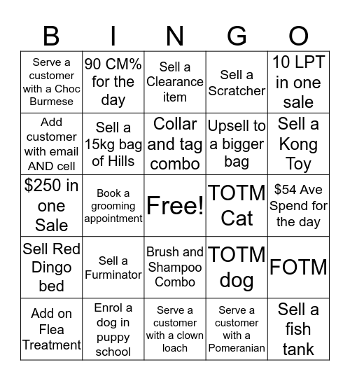 PETstock Bingo Card