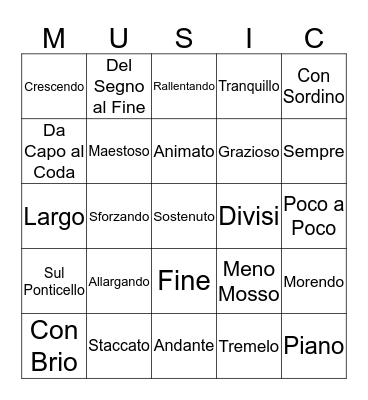 Music Vocabulary 3 Bingo Card