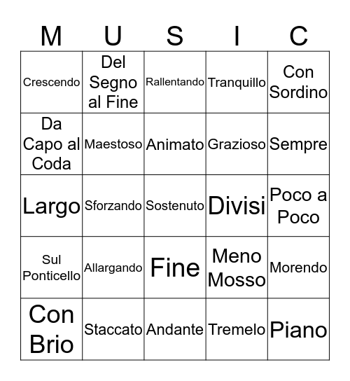 Music Vocabulary 3 Bingo Card