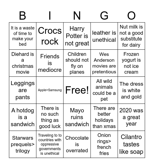 GFS KM Controversial Opinions Bingo Card