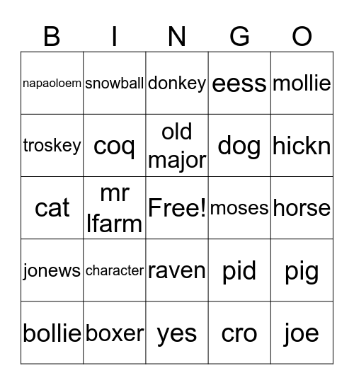 Animal Farm Bingo Card