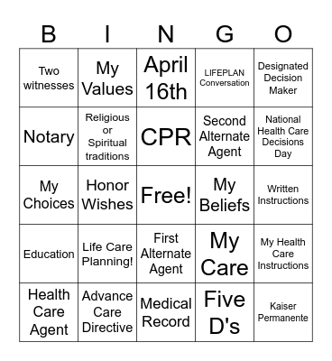 Nation Health Care Decision Day Bingo Card