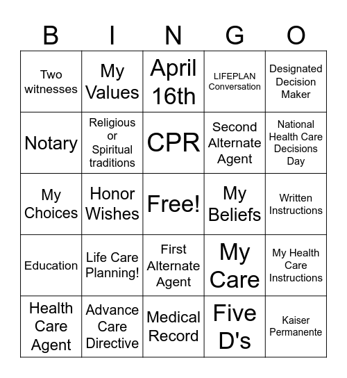 Nation Health Care Decision Day Bingo Card