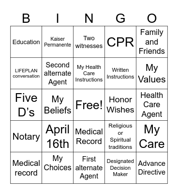 National HealthCare Decisions Day Bingo Card