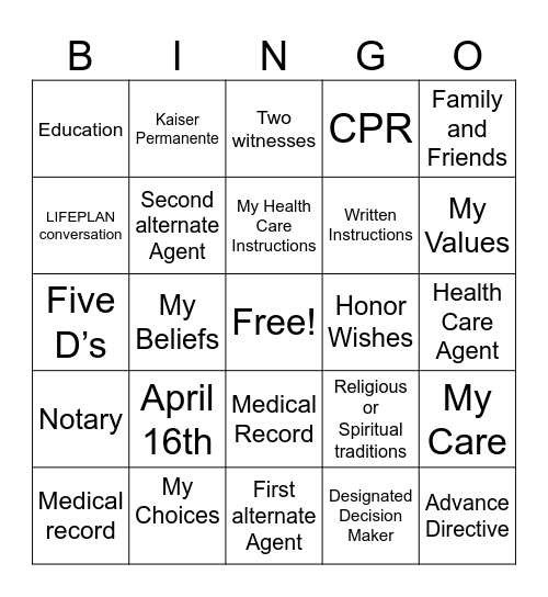 National HealthCare Decisions Day Bingo Card