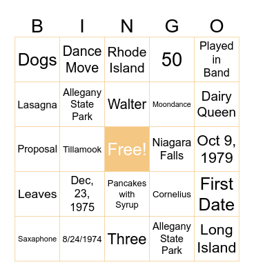 Susan & Bill's 50th Anniversary Bingo Card