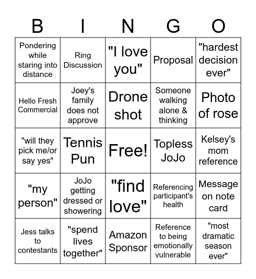 Bachelor March Madness Bingo Card