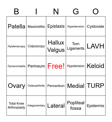 Medical Terms Bingo Card