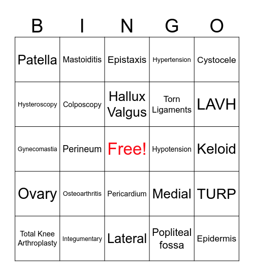 Medical Terms Bingo Card