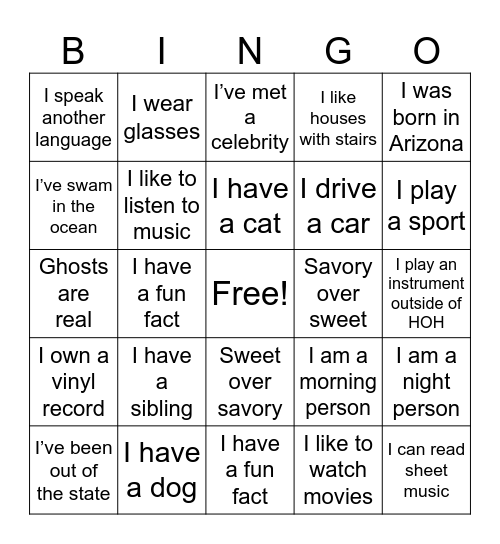 Get to know me bingo! Bingo Card