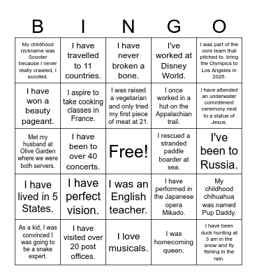 Fun Facts Bingo Card