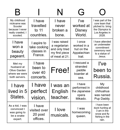 Fun Facts Bingo Card