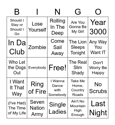 Sing Along Songs 2.0 Bingo Card