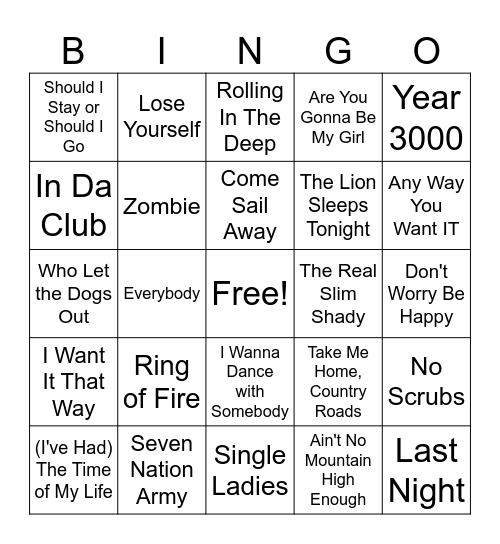 Sing Along Songs 2.0 Bingo Card