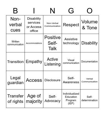 Self-Advocacy Bingo Card