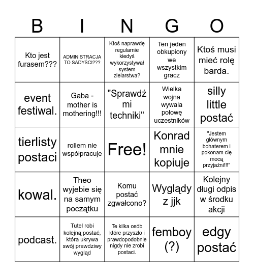 Każde RP/RPG Bingo Card