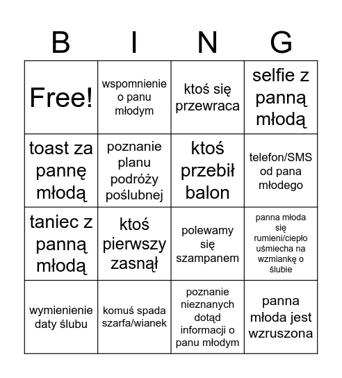 Wieczór panieński Asi Bingo Card