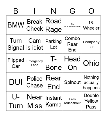 Car Crash Bingo Card