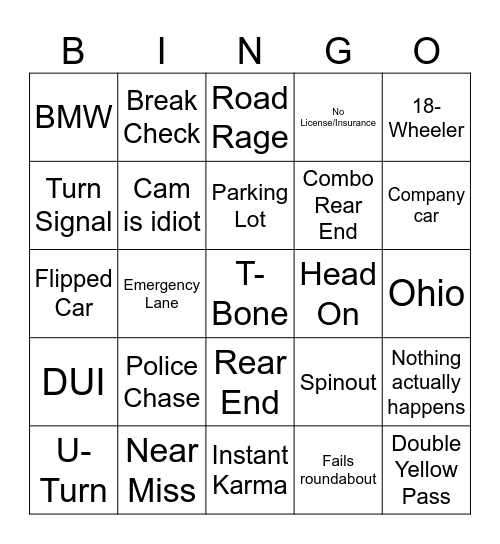 Car Crash Bingo Card