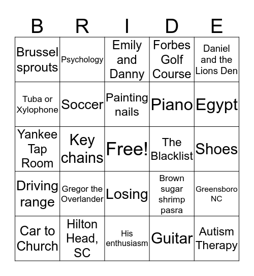 Amy's Bridal Bingo Card