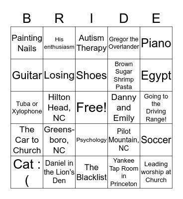 Amy's Bridal Bingo Card