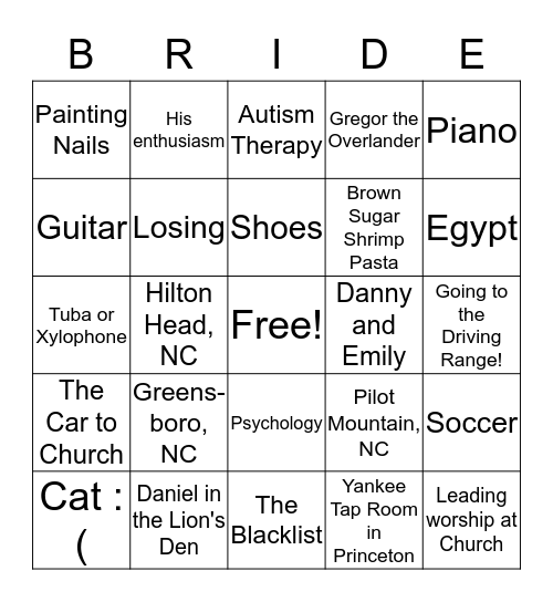 Amy's Bridal Bingo Card