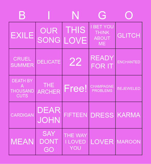 Taylor Swift Bingo Card