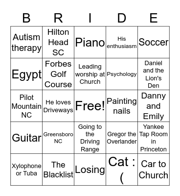 Amy's Bridal Bingo Card