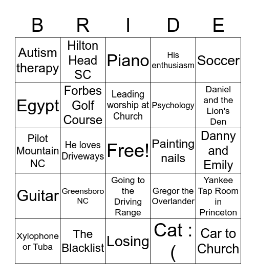 Amy's Bridal Bingo Card