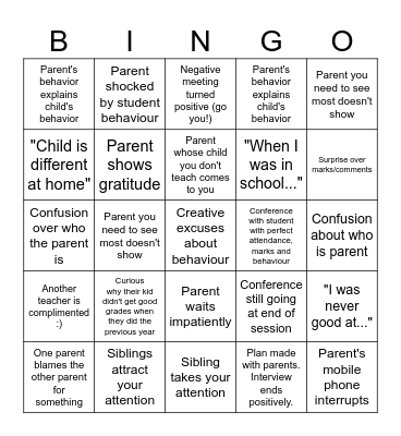 Parent/Teacher Conference Bingo Card