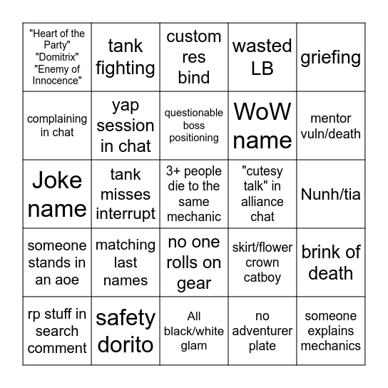 Alliance Raid Bingo Card