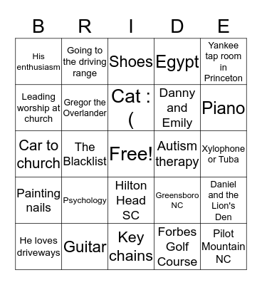 Amy's Bridal Bingo Card