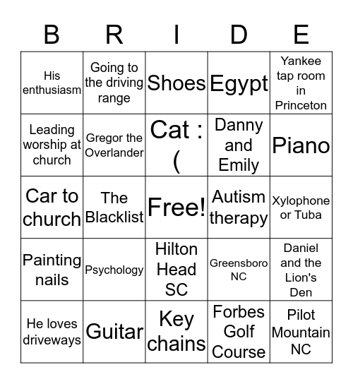 Amy's Bridal Bingo Card