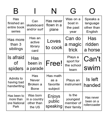 Get to Know You Bingo Card
