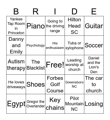 Amy's Bridal Bingo Card