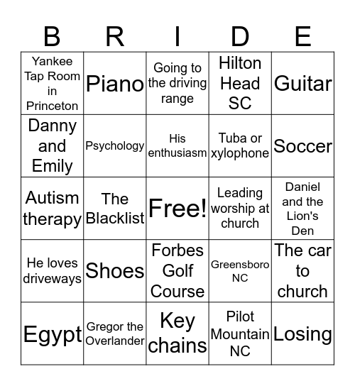 Amy's Bridal Bingo Card