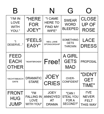 Bachelor FINALE JOEY Bingo Card
