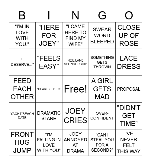 Bachelor FINALE JOEY Bingo Card