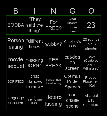 Transformers Special WCT Bingo Card
