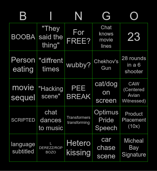 Transformers Special WCT Bingo Card