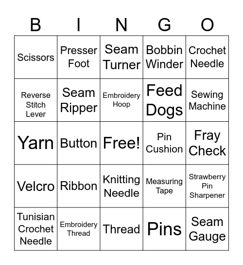 Sewing And Craft Bingo Card